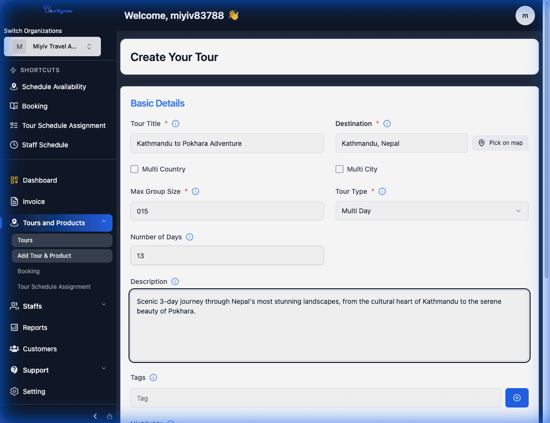 Create Tour Product: Step 1 - Basic Details screenshot