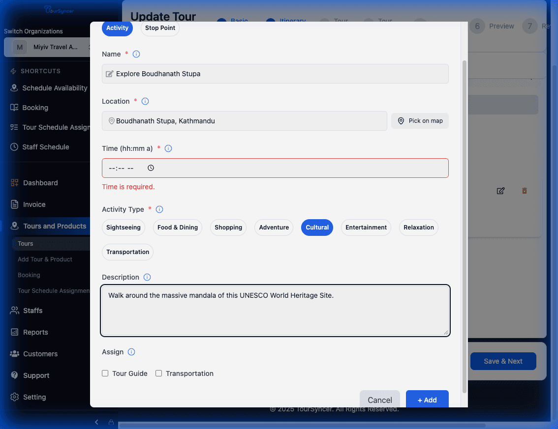 Create Tour Product: Step 2 - Itinerary & Activities screenshot