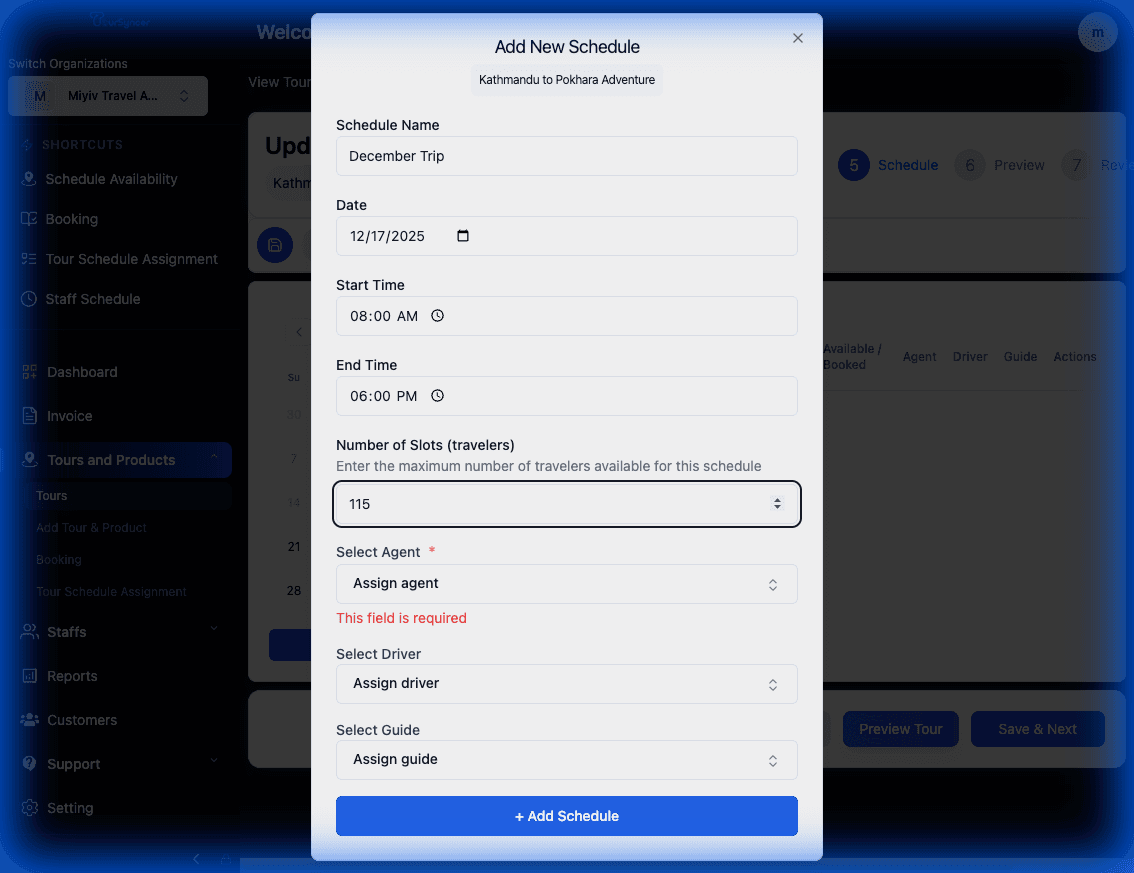 Create Tour Product: Step 5 - Schedule Management screenshot