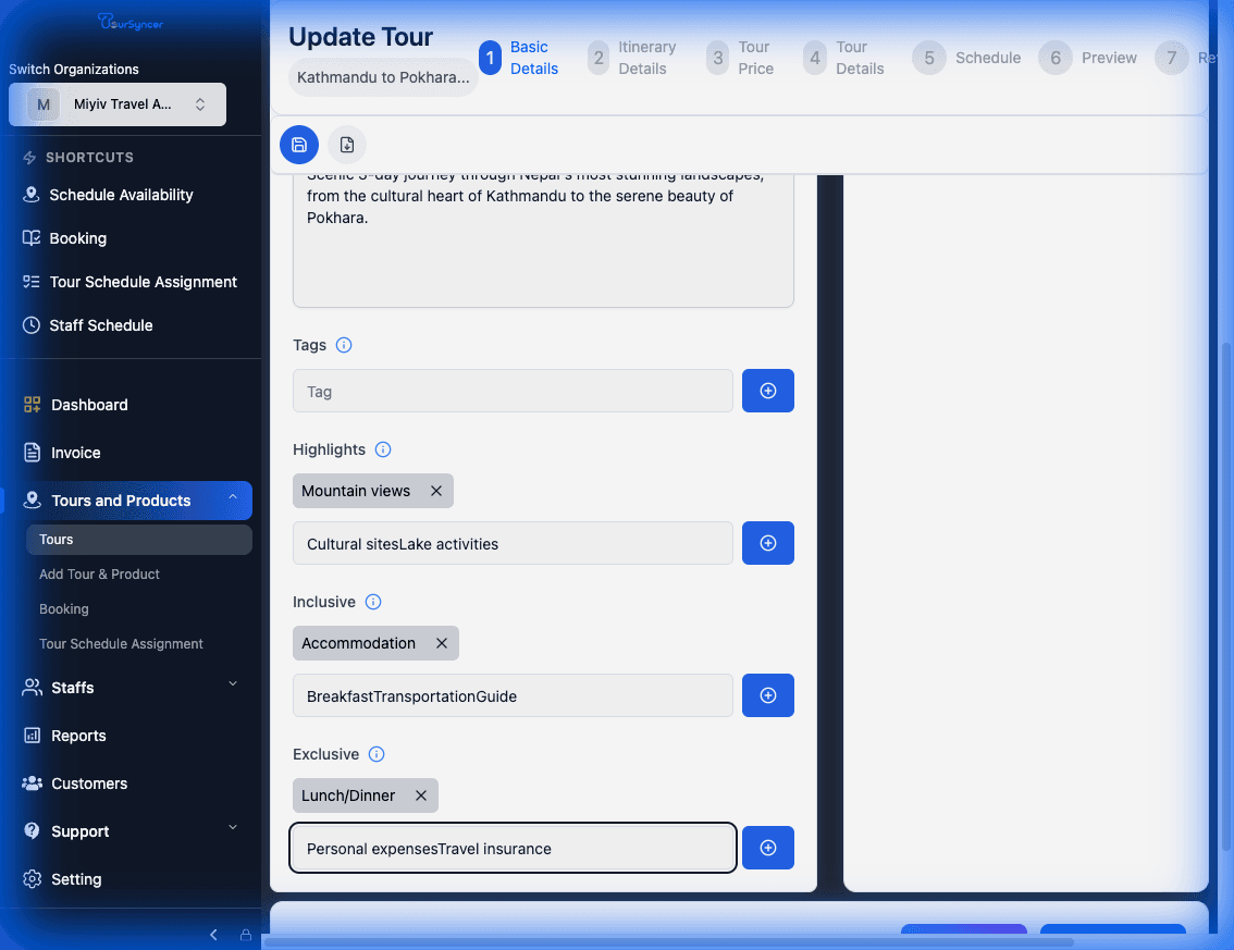 Create Tour Product: Step 4 - Tour Details (Highlights, Inclusions, Exclusions) screenshot