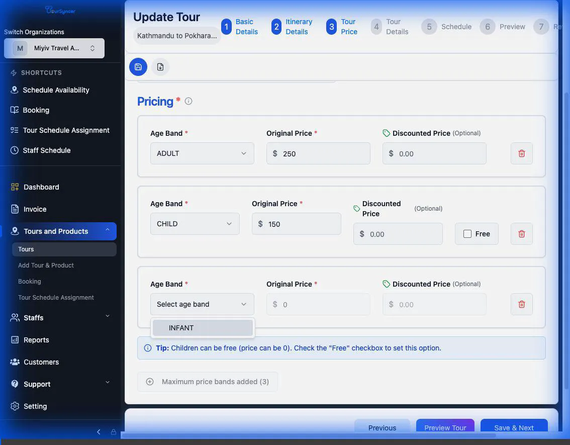 Create Tour Product: Step 3 - Tour Pricing animated demonstration